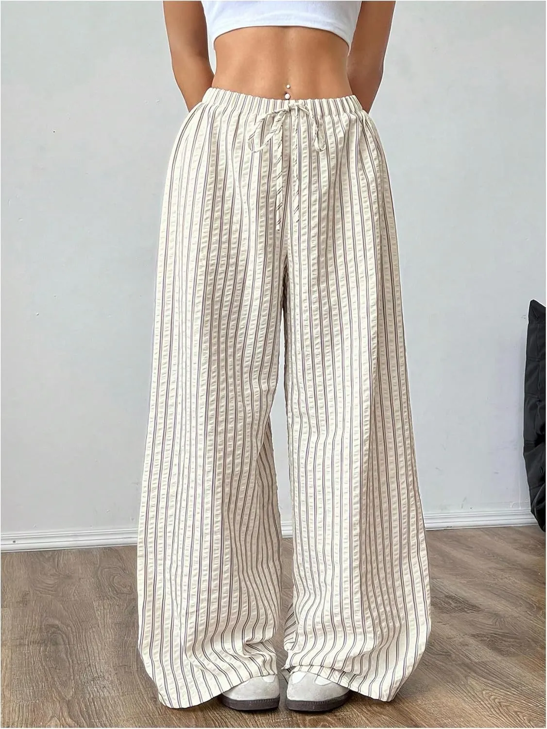 OYOANGLE Women's Striped Print Pants Drawstring Elastic High Waist Wide Leg Loose Casual Trousers