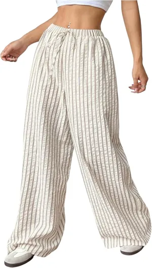 OYOANGLE Women's Striped Print Pants Drawstring Elastic High Waist Wide Leg Loose Casual Trousers