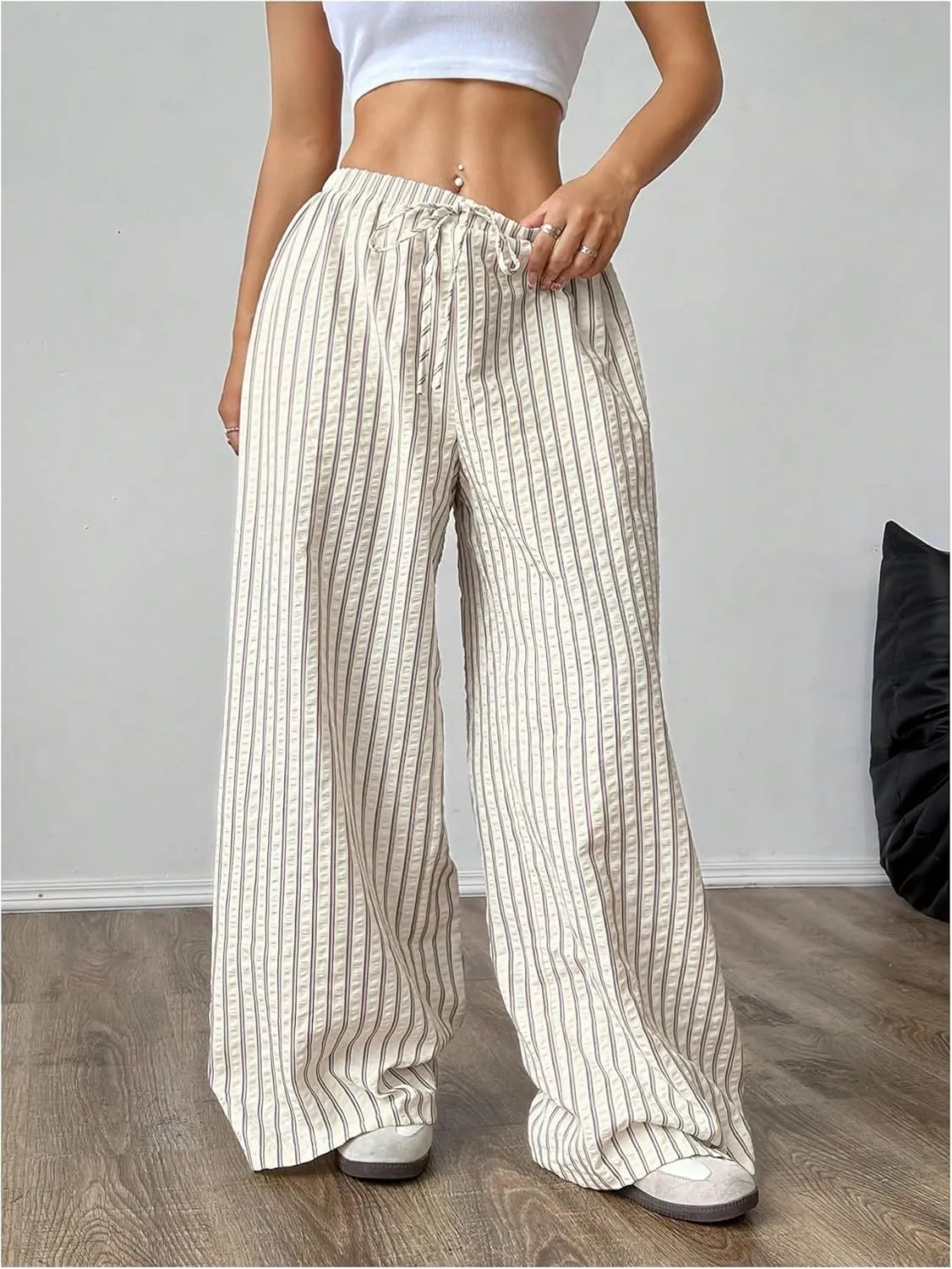OYOANGLE Women's Striped Print Pants Drawstring Elastic High Waist Wide Leg Loose Casual Trousers