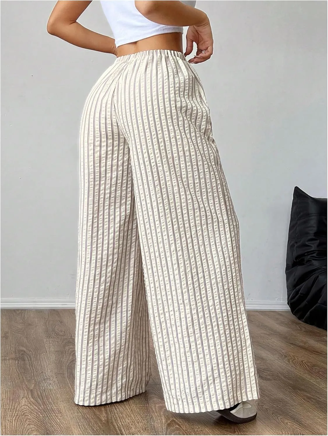 OYOANGLE Women's Striped Print Pants Drawstring Elastic High Waist Wide Leg Loose Casual Trousers