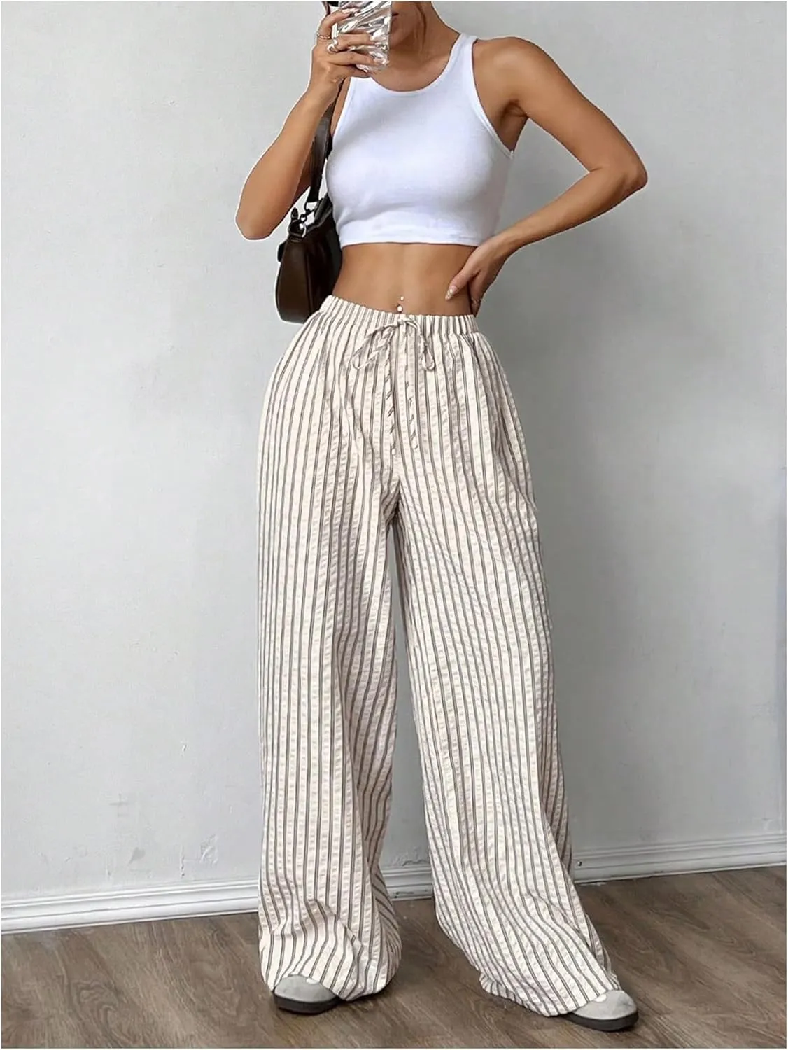OYOANGLE Women's Striped Print Pants Drawstring Elastic High Waist Wide Leg Loose Casual Trousers