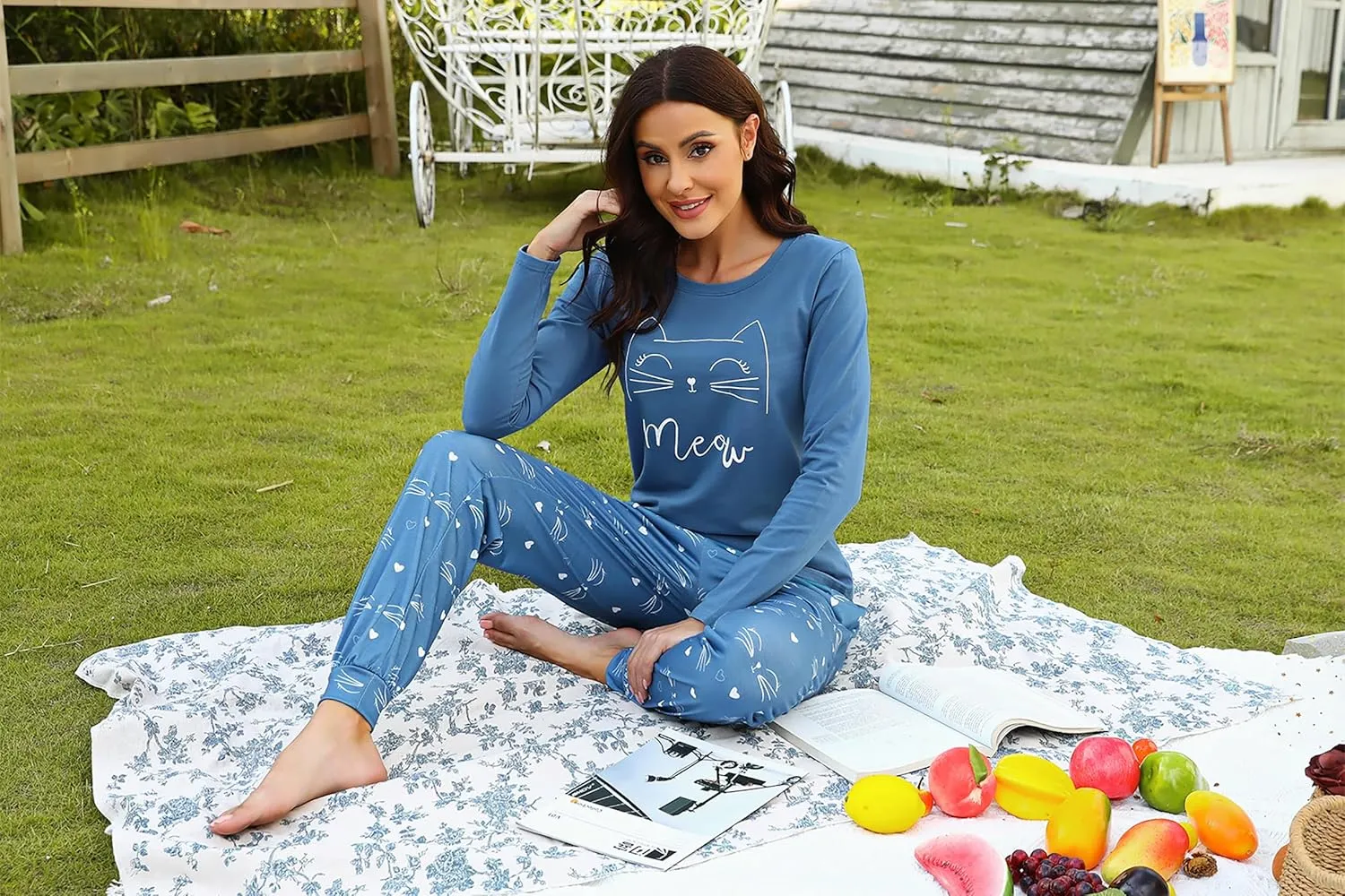 Pajama Sets for Women Cotton Sleepwear Pj Set Long Sleeve Top&Star Print Pants with Pockets