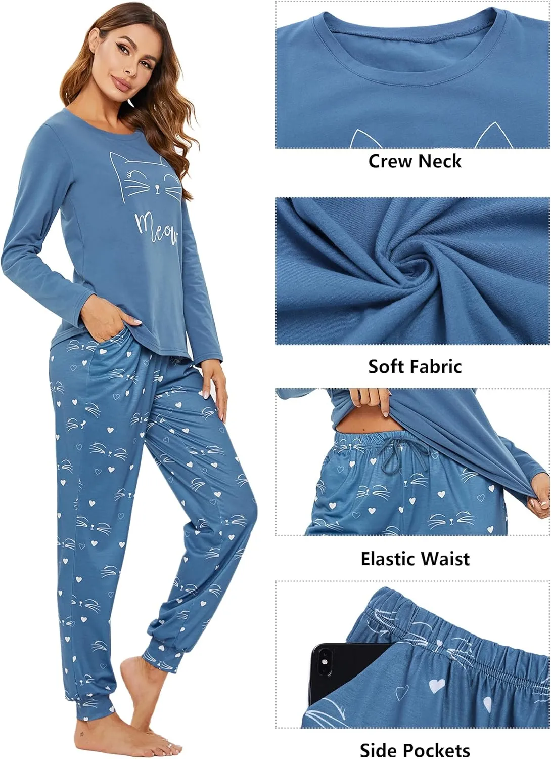 Pajama Sets for Women Cotton Sleepwear Pj Set Long Sleeve Top&Star Print Pants with Pockets