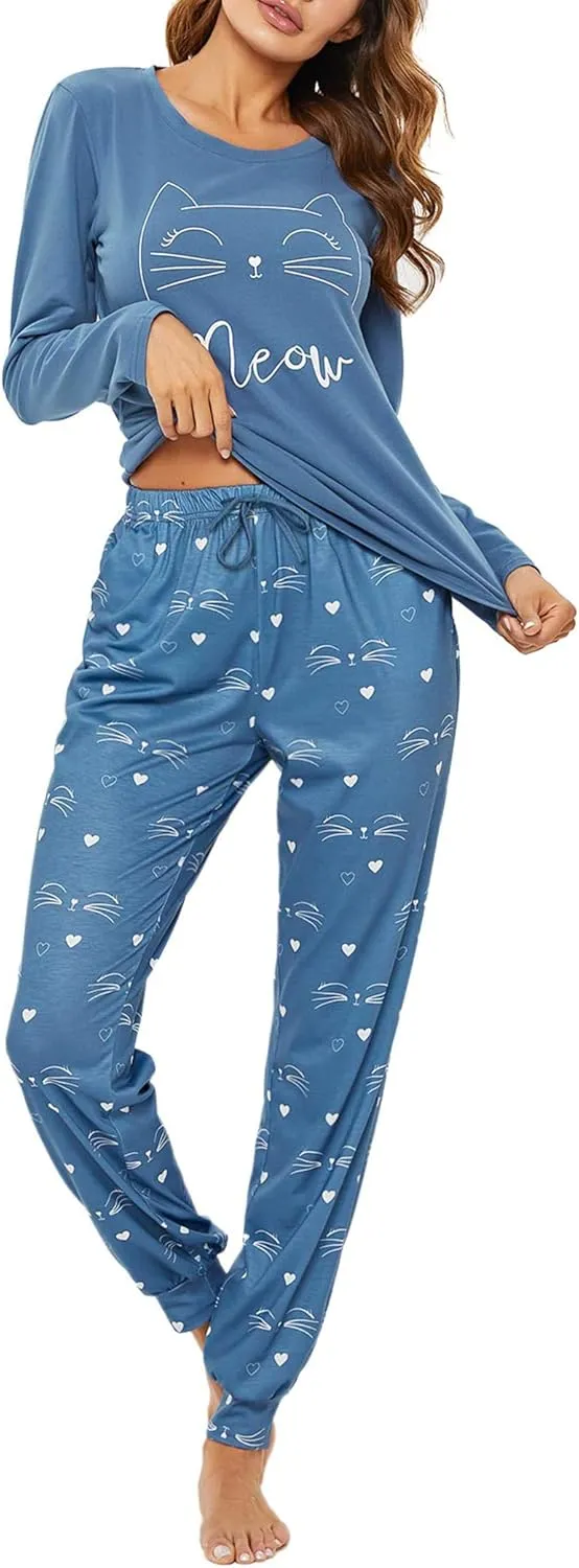 Pajama Sets for Women Cotton Sleepwear Pj Set Long Sleeve Top&Star Print Pants with Pockets