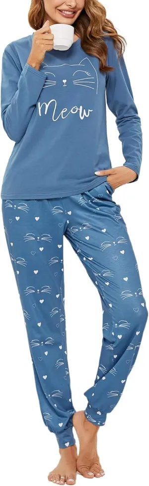 Pajama Sets for Women Cotton Sleepwear Pj Set Long Sleeve Top&Star Print Pants with Pockets