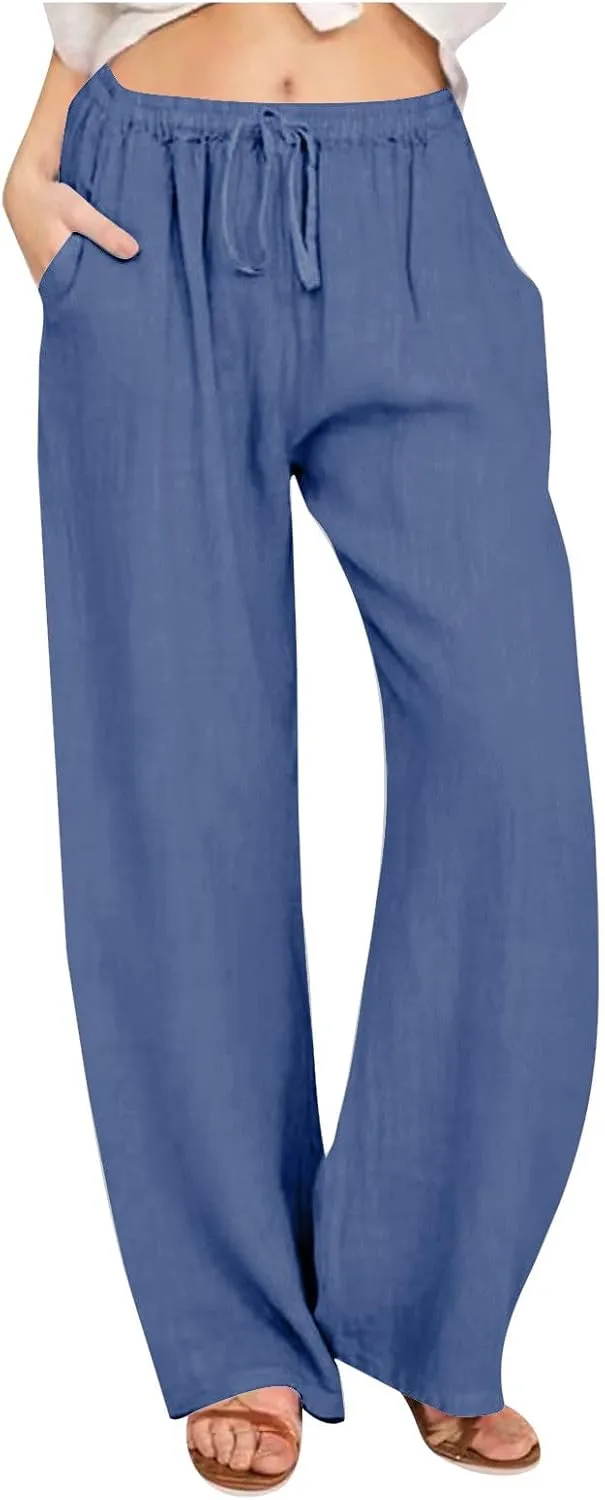 Palazzo Pants for Women 2024 Summer High Wasited Lounge Pants Drawstring Cotton Linen Casual Trousers with Pockets