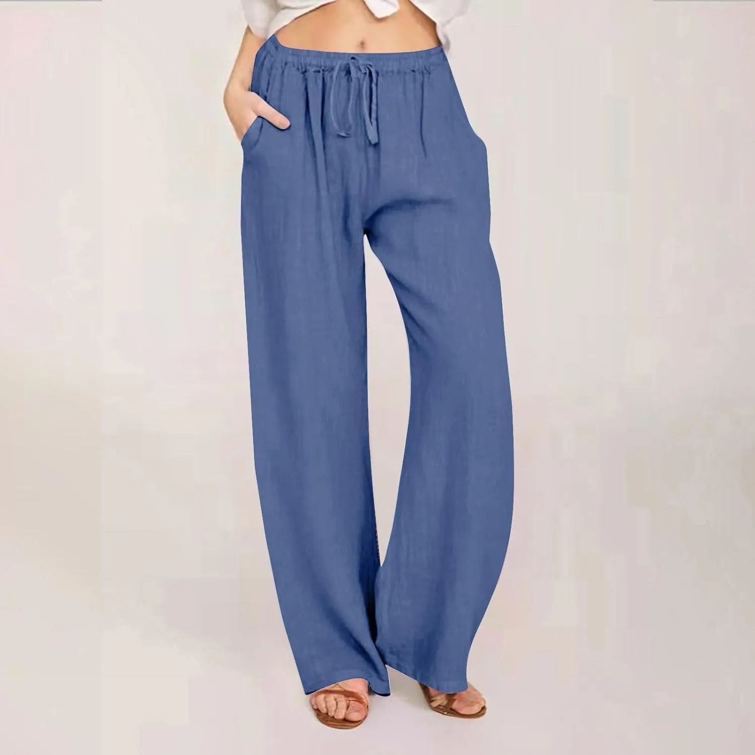Palazzo Pants for Women 2024 Summer High Wasited Lounge Pants Drawstring Cotton Linen Casual Trousers with Pockets