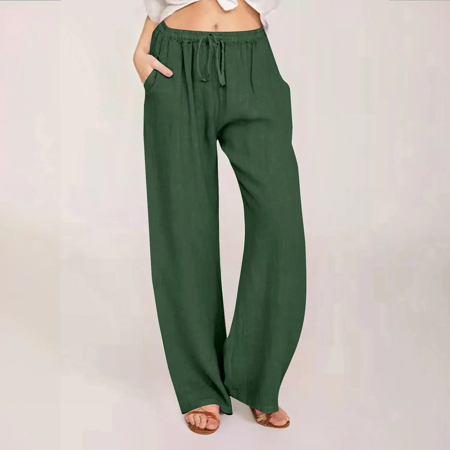 Palazzo Pants for Women 2024 Summer High Wasited Lounge Pants Drawstring Cotton Linen Casual Trousers with Pockets