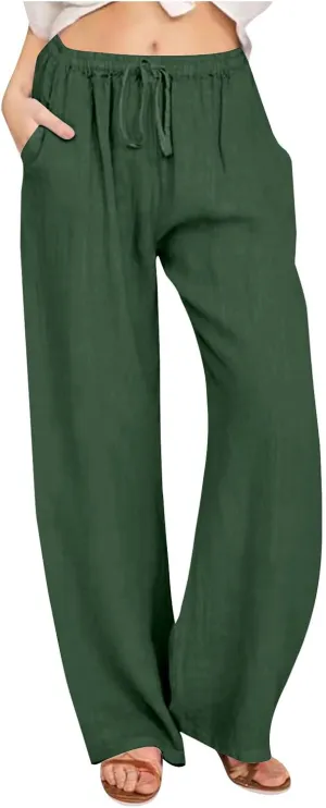 Palazzo Pants for Women 2024 Summer High Wasited Lounge Pants Drawstring Cotton Linen Casual Trousers with Pockets