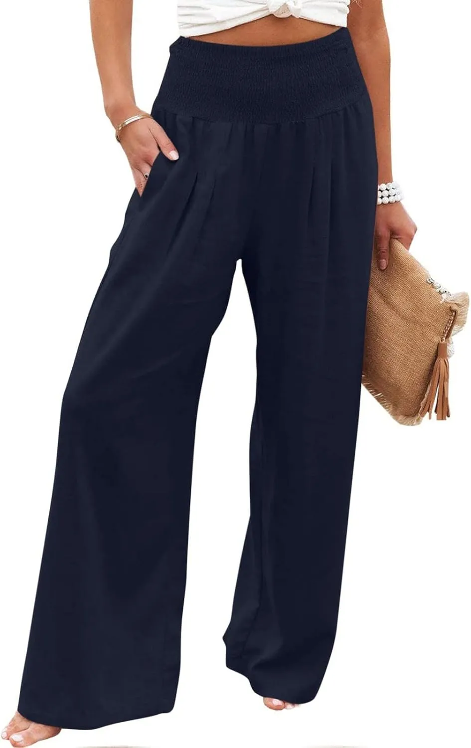 Palazzo Pants for Women Cotton Linen Elastic High Waist Wide Leg Pant Summer Relax Trousers with Pockets