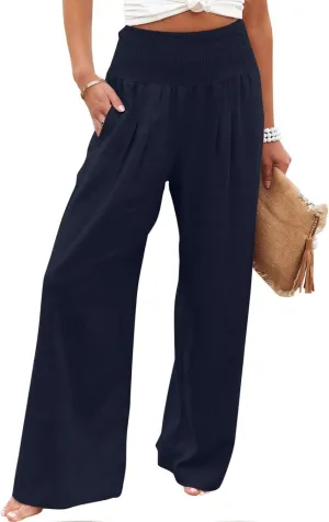 Palazzo Pants for Women Cotton Linen Elastic High Waist Wide Leg Pant Summer Relax Trousers with Pockets