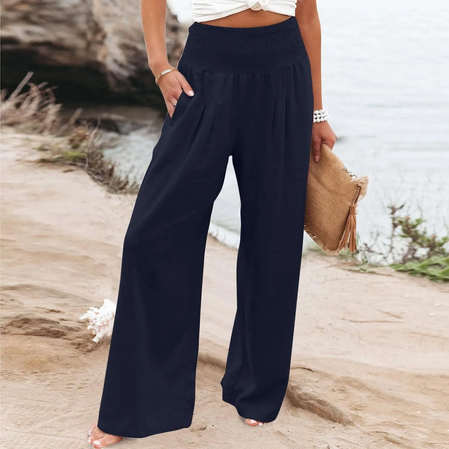 Palazzo Pants for Women Cotton Linen Elastic High Waist Wide Leg Pant Summer Relax Trousers with Pockets