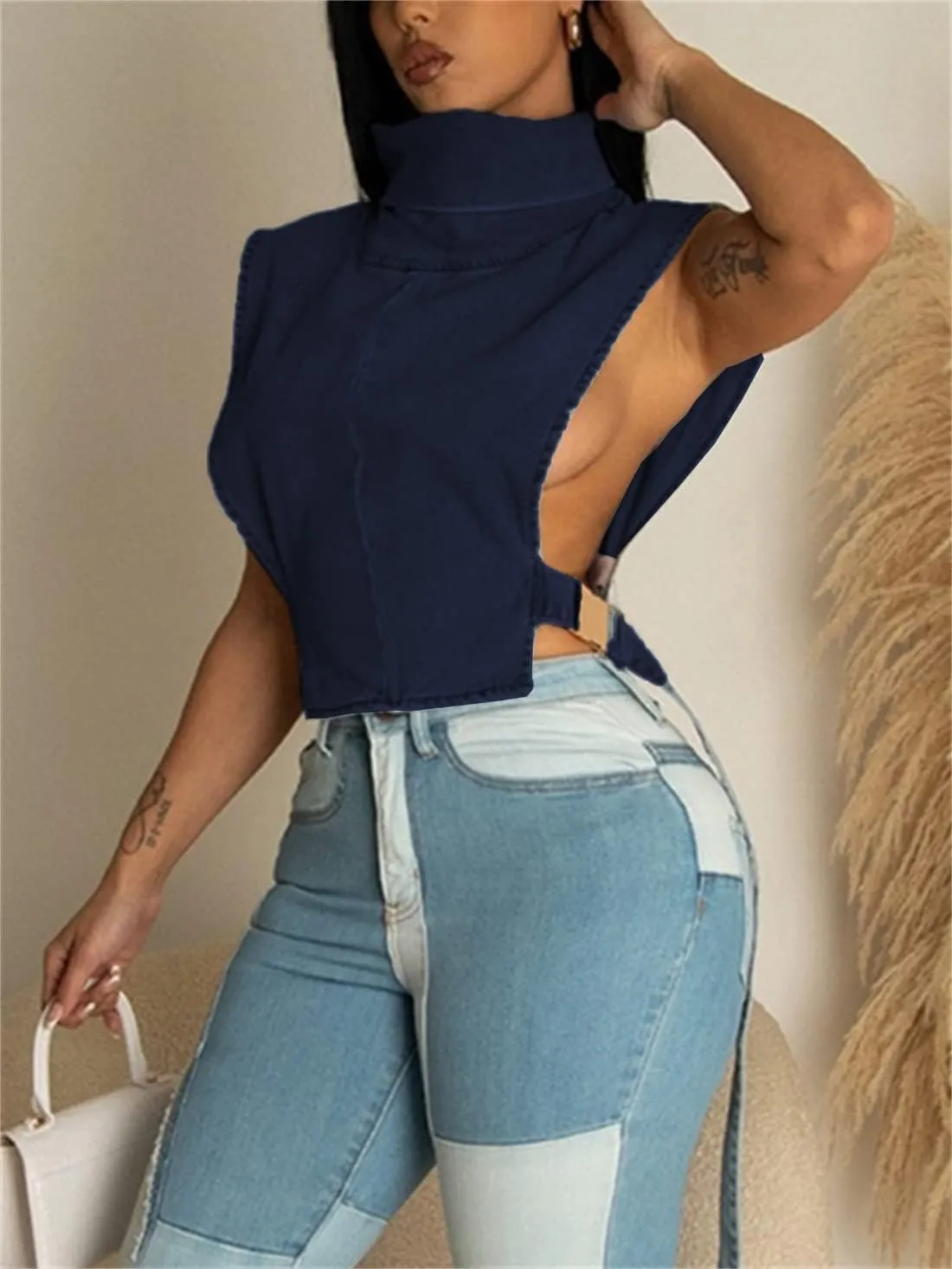 PAODIKUAI Women's Sleeveless Denim Crop Top Vest Y2K Sexy Summer Jean Vest Shirt Tank Tops Waistcoat Jacket