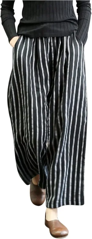 Plus Size Cotton Linen Pants for Women Summer Flowy Vintage Stripe Wide Leg Palazzo Pants Beach High Waisted Trousers