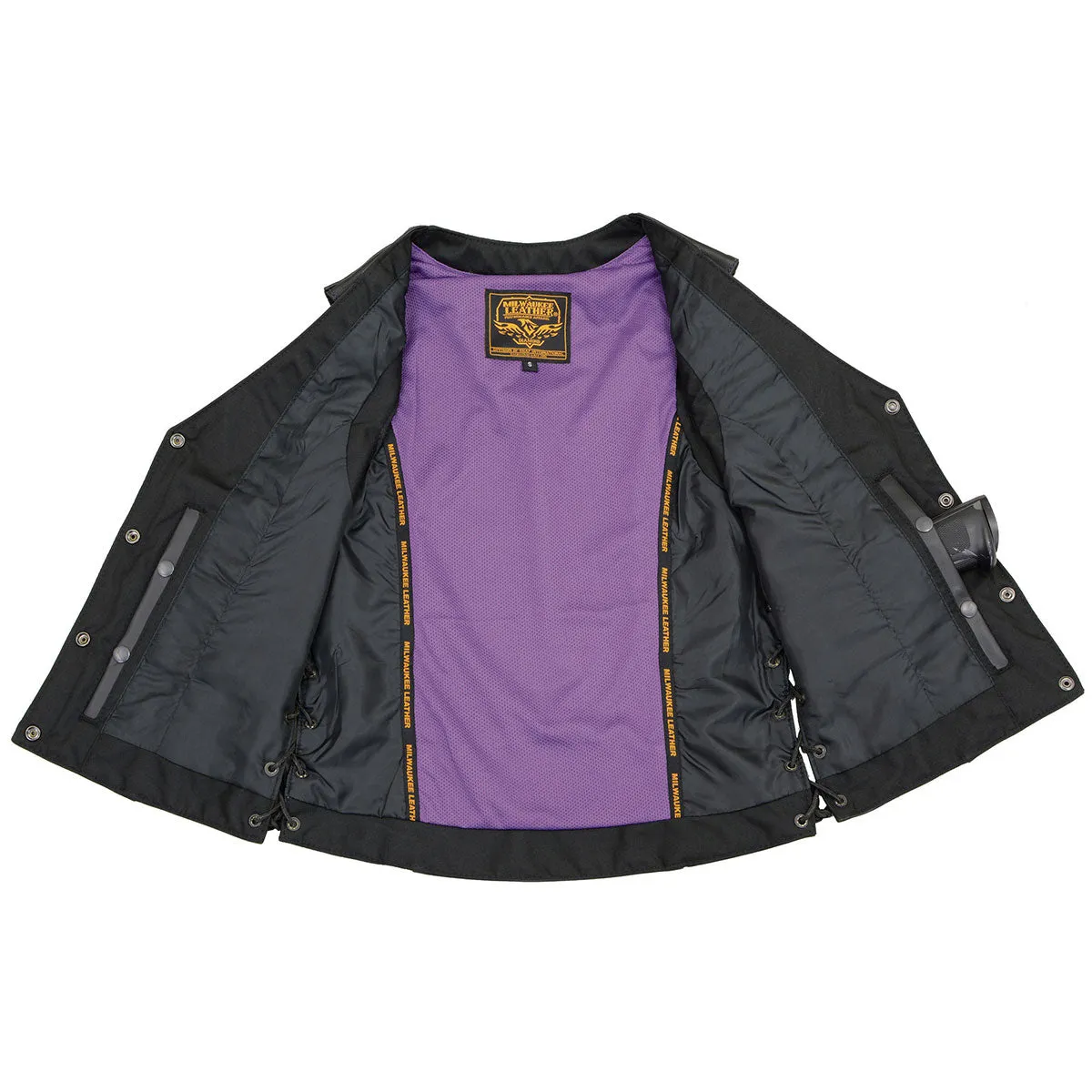 Purple Color ML1296 PURPLE Women's Black Leather Side Lace Motorcycle Rider Vest- Reflective Piping and Purple Skulls