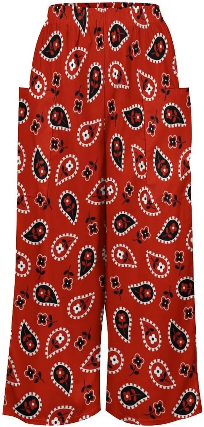Red Bandana Women's Casual Pants Yoga Loose Wide Legs Trousers with Pockets High Waist