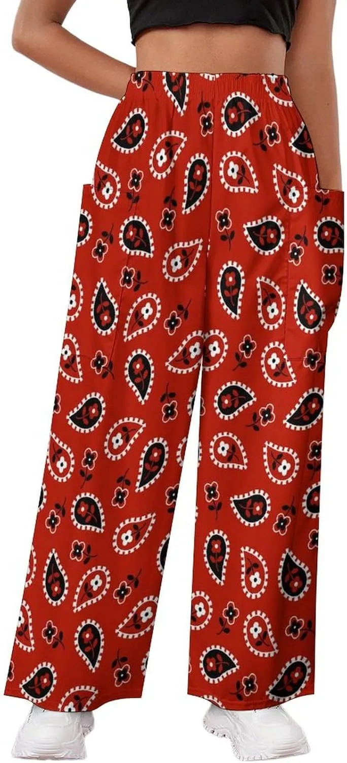 Red Bandana Women's Casual Pants Yoga Loose Wide Legs Trousers with Pockets High Waist