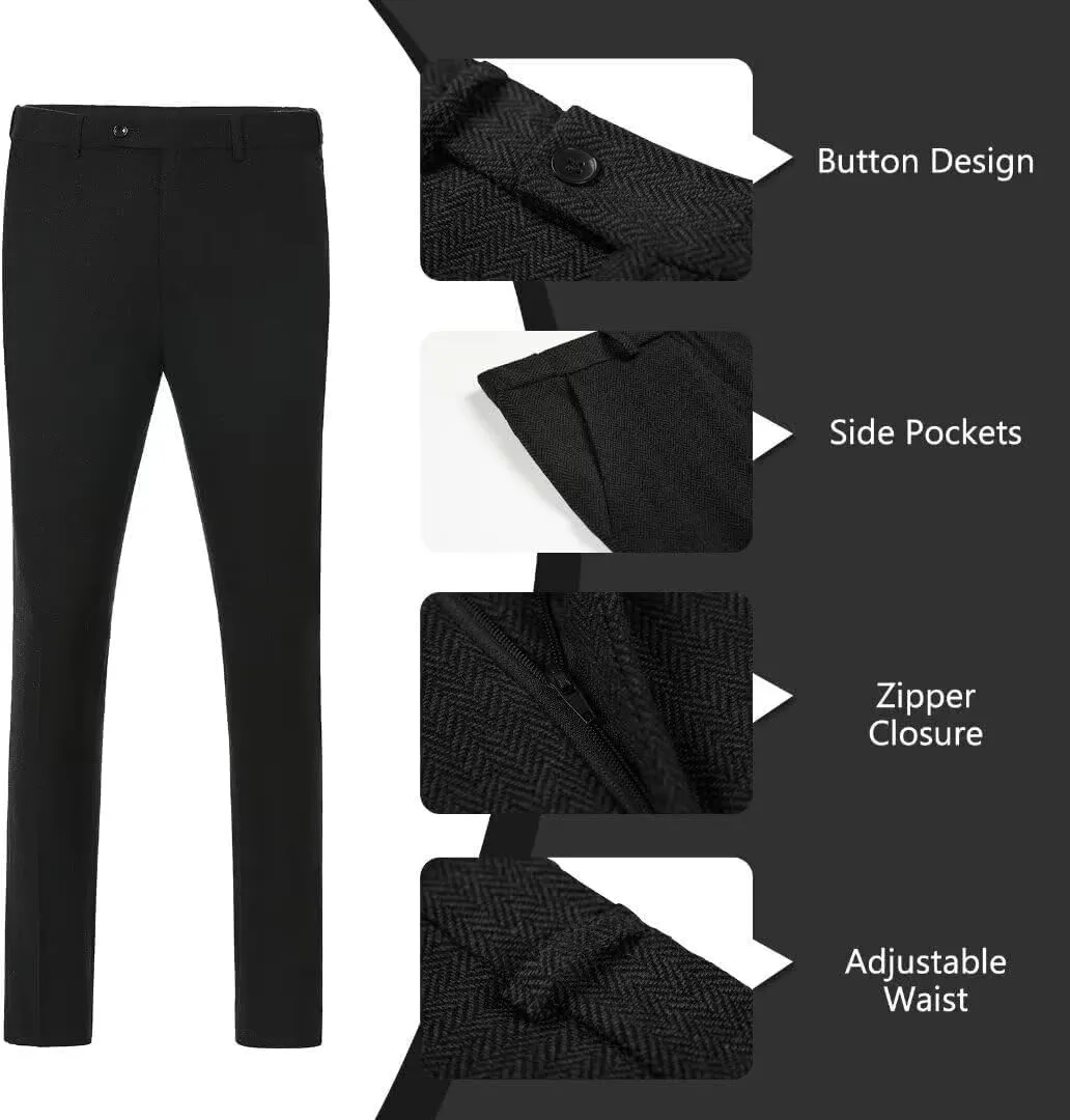 Retro Tweed Mens Suit Herringbone Slim Fit 2 Piece Men's Vest Sets Prom Wedding Waistcoat Vest Blazer Pants Groom