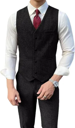 Retro Tweed Mens Suit Herringbone Slim Fit 2 Piece Men's Vest Sets Prom Wedding Waistcoat Vest Blazer Pants Groom
