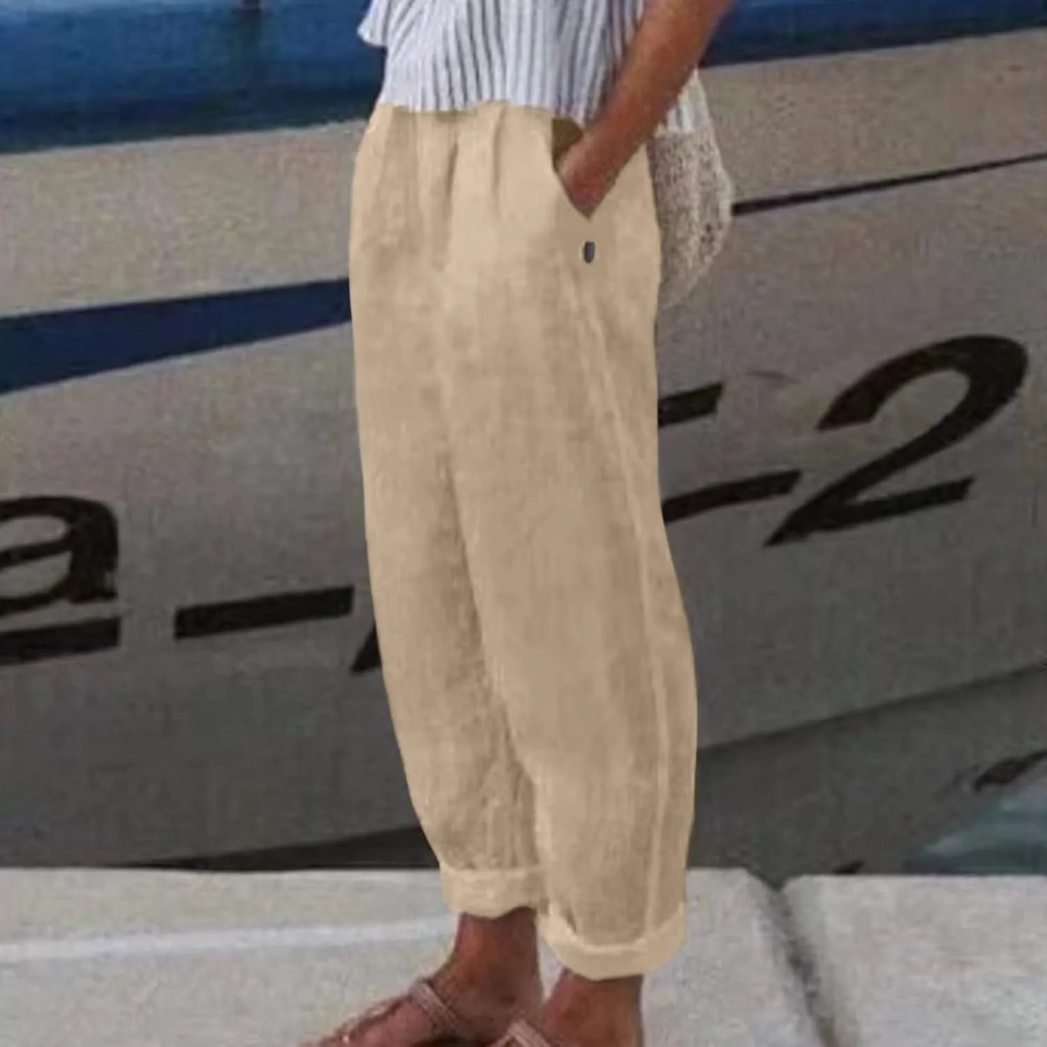 Rvidbe Linen Pants Women Summer 2024 Striped Side Button Casual Elastic High Waist Straight Leg Loose Boho Trendy Trousers