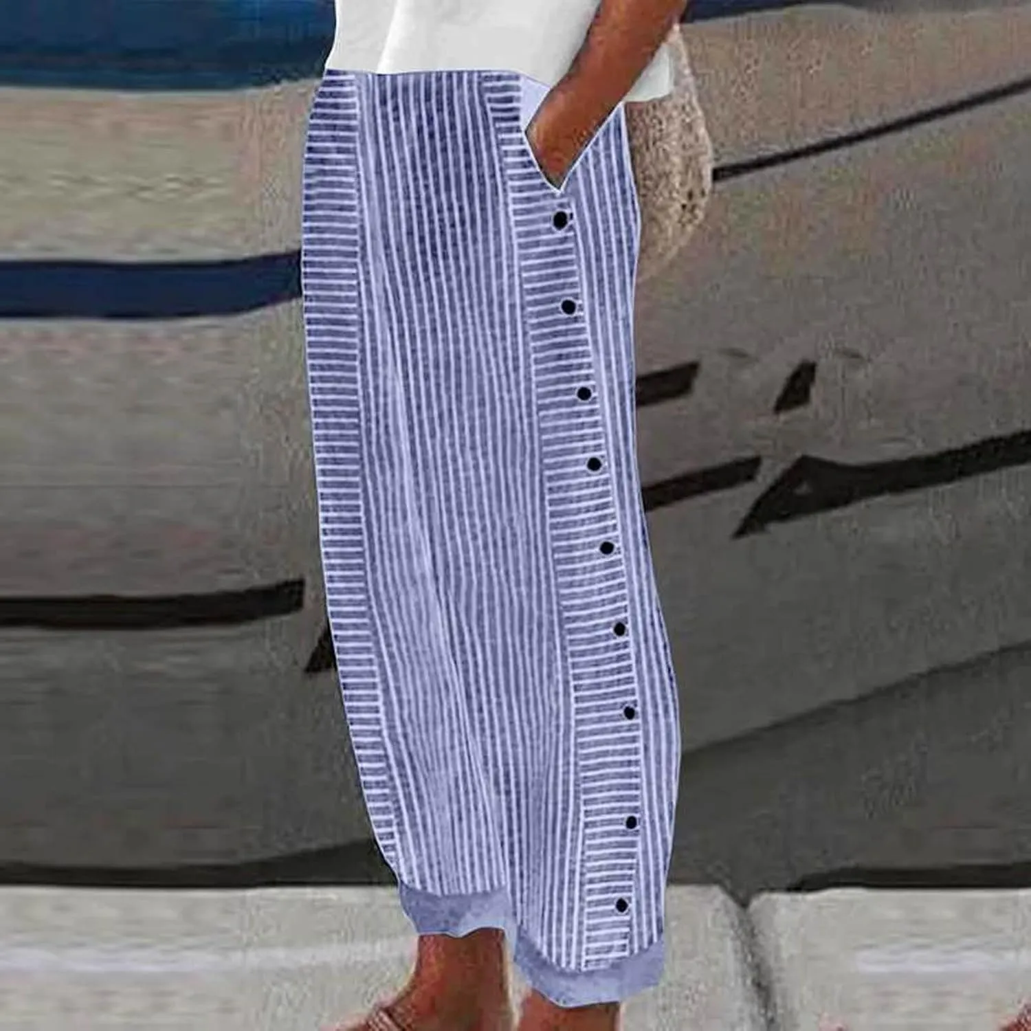 Rvidbe Linen Pants Women Summer 2024 Striped Side Button Casual Elastic High Waist Straight Leg Loose Boho Trendy Trousers