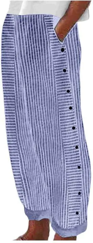 Rvidbe Linen Pants Women Summer 2024 Striped Side Button Casual Elastic High Waist Straight Leg Loose Boho Trendy Trousers