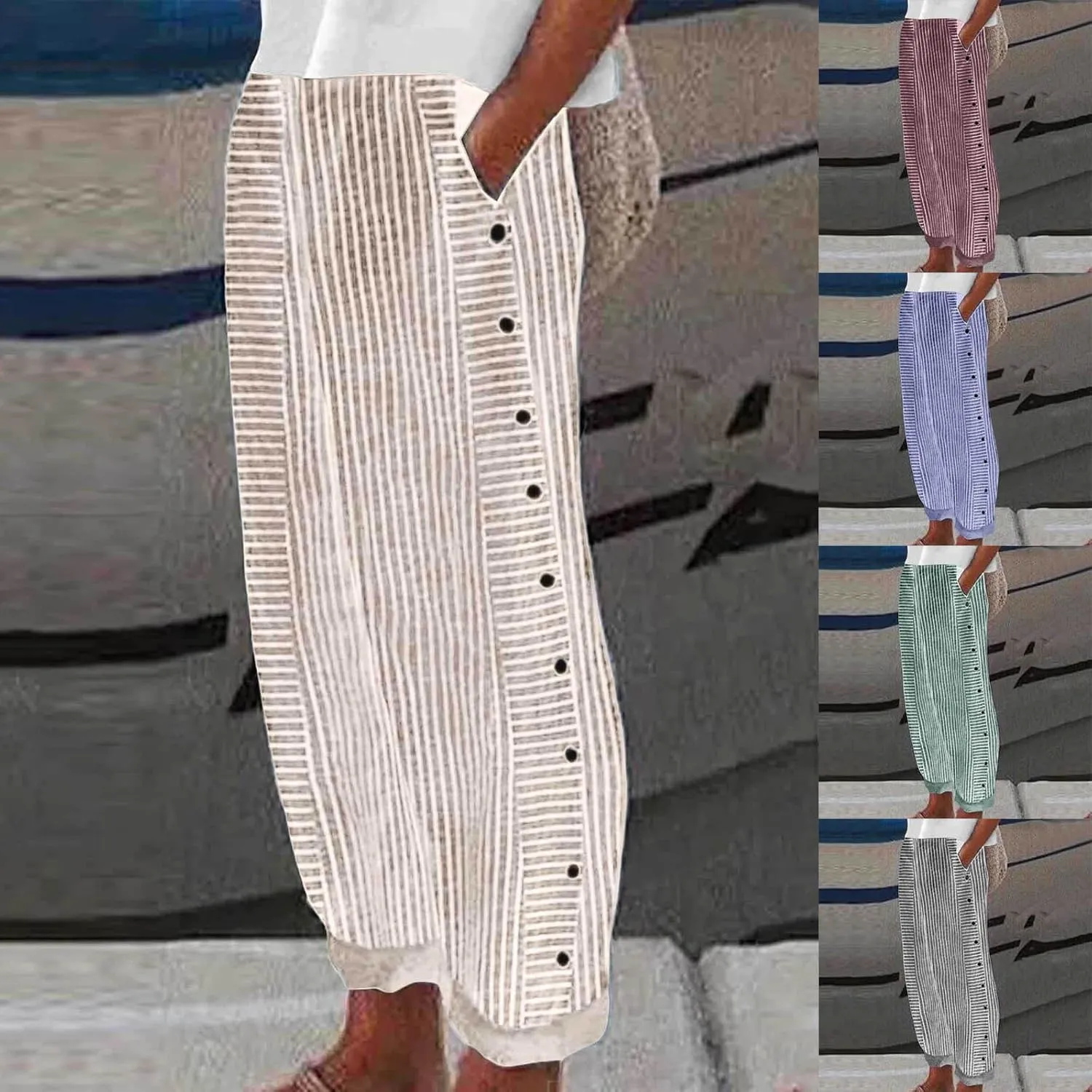 Rvidbe Linen Pants Women Summer 2024 Striped Side Button Casual Elastic High Waist Straight Leg Loose Boho Trendy Trousers