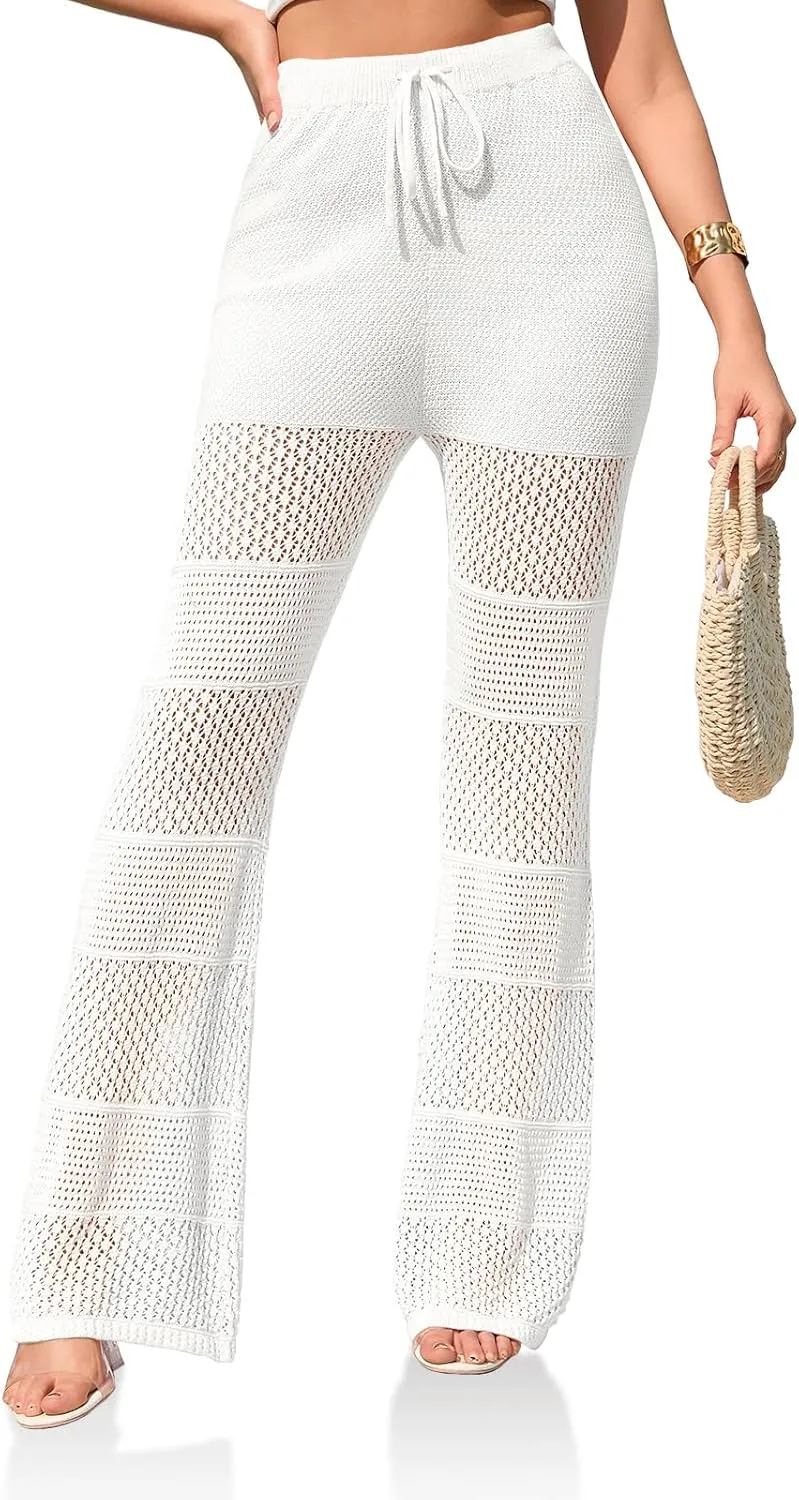 Saodimallsu Womens Beach Cover Up Pants Boho Crochet Knit High Waist Drawstring Sheer Hollow Swim Pant Swimwear