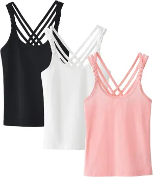 SEAUR 3 Pieces Girls Dance Tank Tops Twist Sleeve Racerback Camisole Ballet Undershirts Cotton Crop Top
