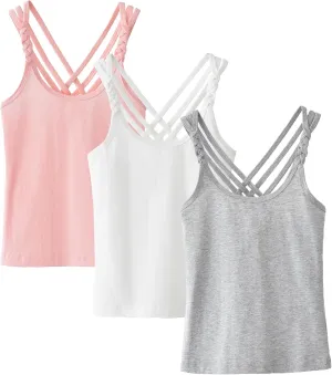 SEAUR 3 Pieces Girls Dance Tank Tops Twist Sleeve Racerback Camisole Ballet Undershirts Cotton Crop Top