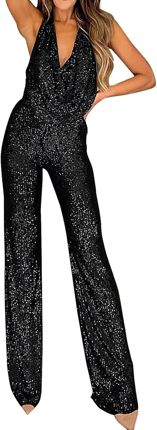 Sexy Halter Cowl Neck Sparkly Jumpsuits for Women Clubwear Sleeveless Elegant Sequins Bodycon Wide Leg Pants Rompers