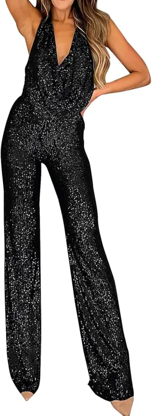 Sexy Halter Cowl Neck Sparkly Jumpsuits for Women Clubwear Sleeveless Elegant Sequins Bodycon Wide Leg Pants Rompers