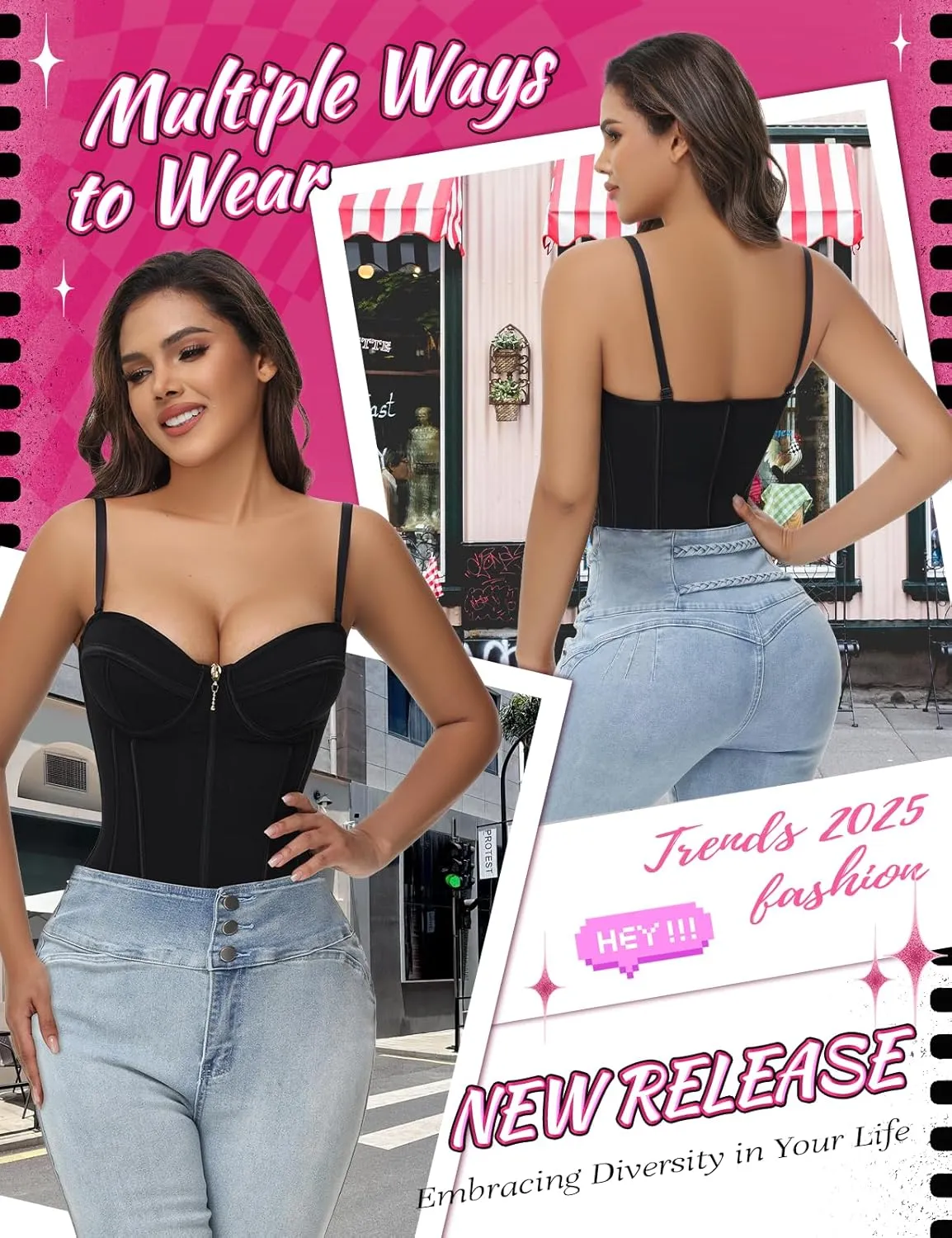 SHAPSHE Waist Trainer for Women Tummy Control Vest Black Corset Shapewear Bustier Tank Tops Going Out Body Shaper with Straps