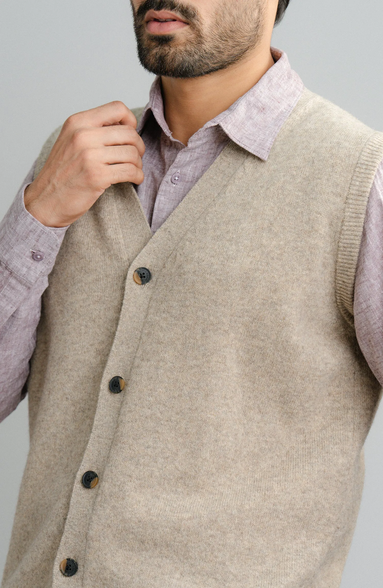Sleeve-Less Cardigan - Beige