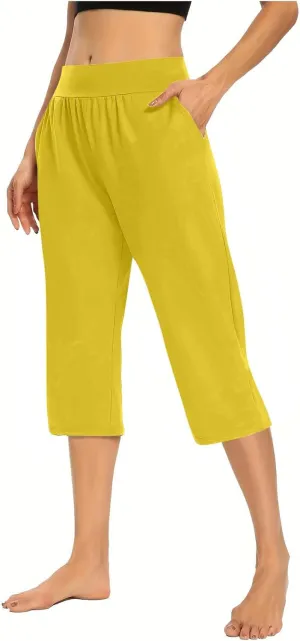 Solid Capris Pants for Women High Waist Straight Leg Pant Loose Causal Summer Relax Trousers with Pockets
