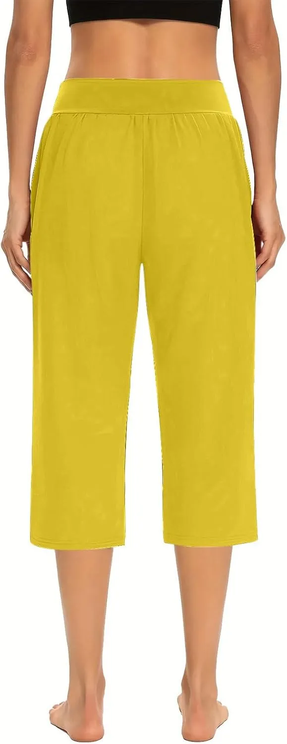 Solid Capris Pants for Women High Waist Straight Leg Pant Loose Causal Summer Relax Trousers with Pockets