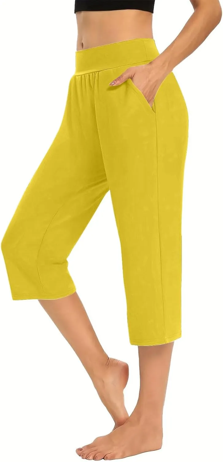 Solid Capris Pants for Women High Waist Straight Leg Pant Loose Causal Summer Relax Trousers with Pockets
