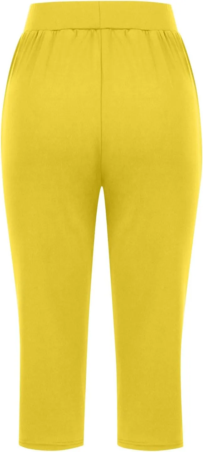Solid Capris Pants for Women High Waist Straight Leg Pant Loose Causal Summer Relax Trousers with Pockets