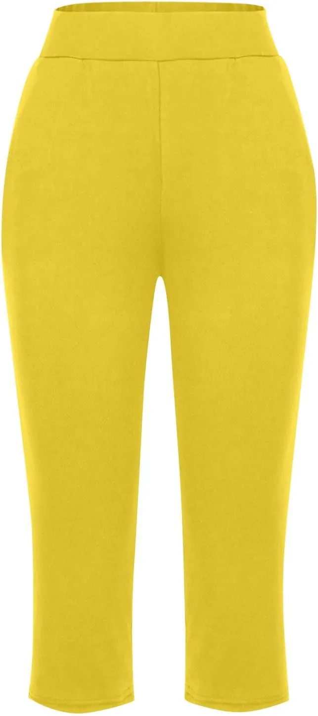 Solid Capris Pants for Women High Waist Straight Leg Pant Loose Causal Summer Relax Trousers with Pockets