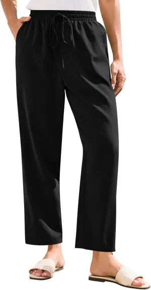 Solid Pants for Women Cotton Drawstring Elastic High Waist Pant Summer Work Vacation Trousers with Pockets