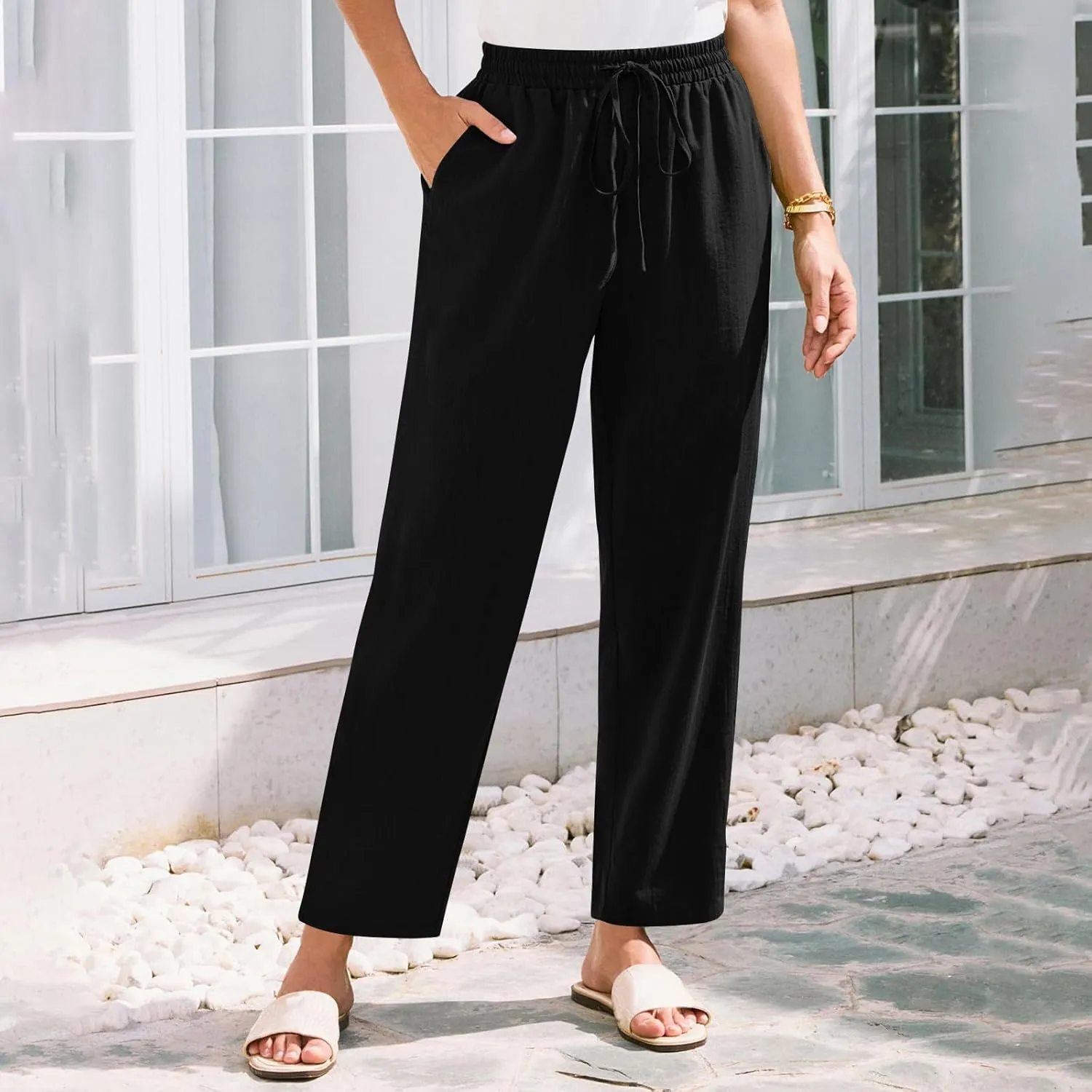 Solid Pants for Women Cotton Drawstring Elastic High Waist Pant Summer Work Vacation Trousers with Pockets