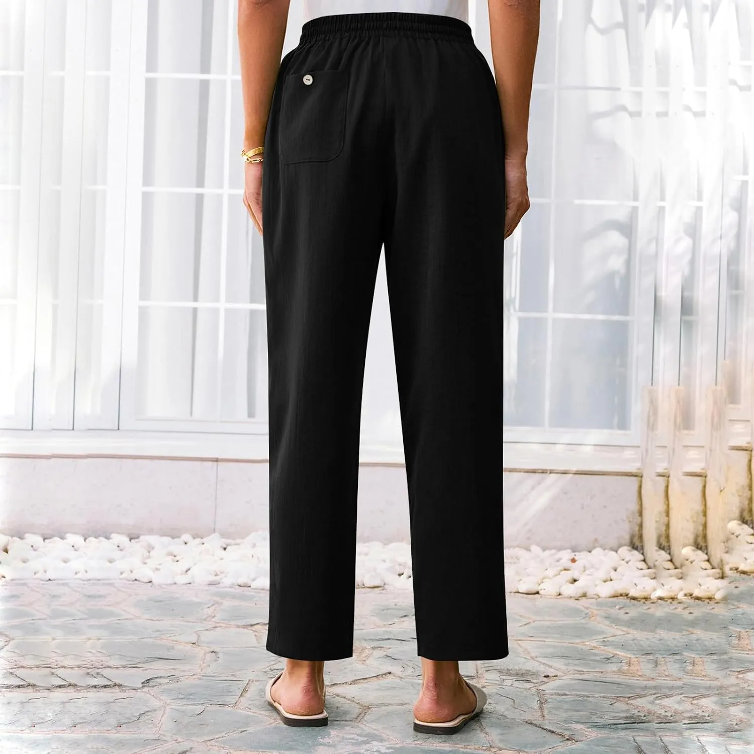 Solid Pants for Women Cotton Drawstring Elastic High Waist Pant Summer Work Vacation Trousers with Pockets