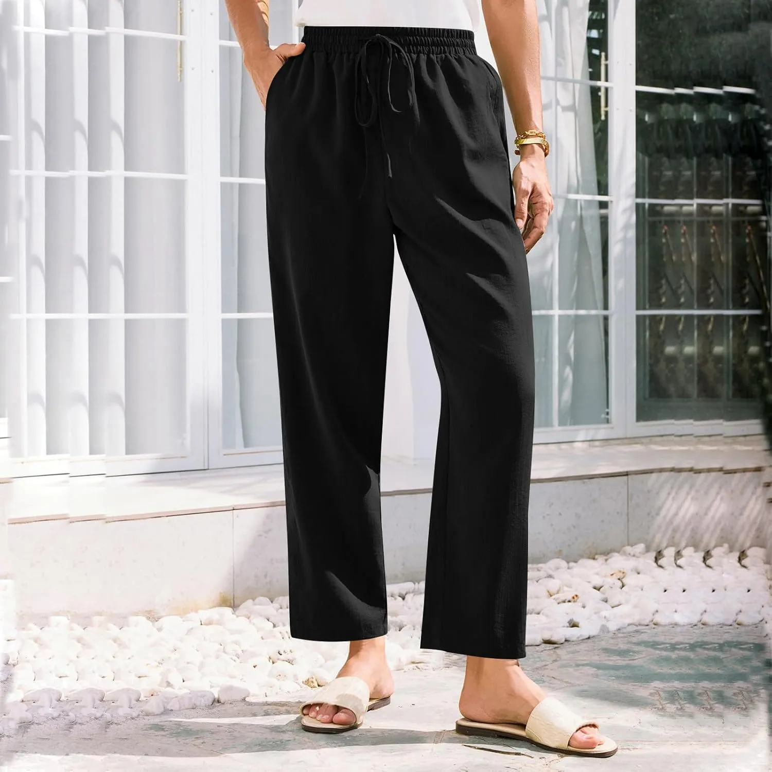 Solid Pants for Women Cotton Drawstring Elastic High Waist Pant Summer Work Vacation Trousers with Pockets