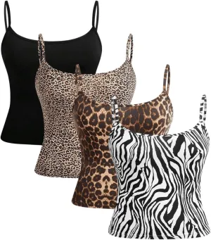 SOLY HUX Women's Plus Size Summer Cami Tops 4 Packs Spaghetti Strap Fitted Crop Top Leopard Print Y2k Camisole