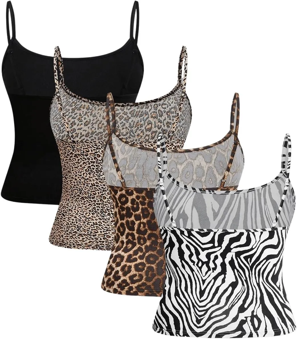 SOLY HUX Women's Plus Size Summer Cami Tops 4 Packs Spaghetti Strap Fitted Crop Top Leopard Print Y2k Camisole