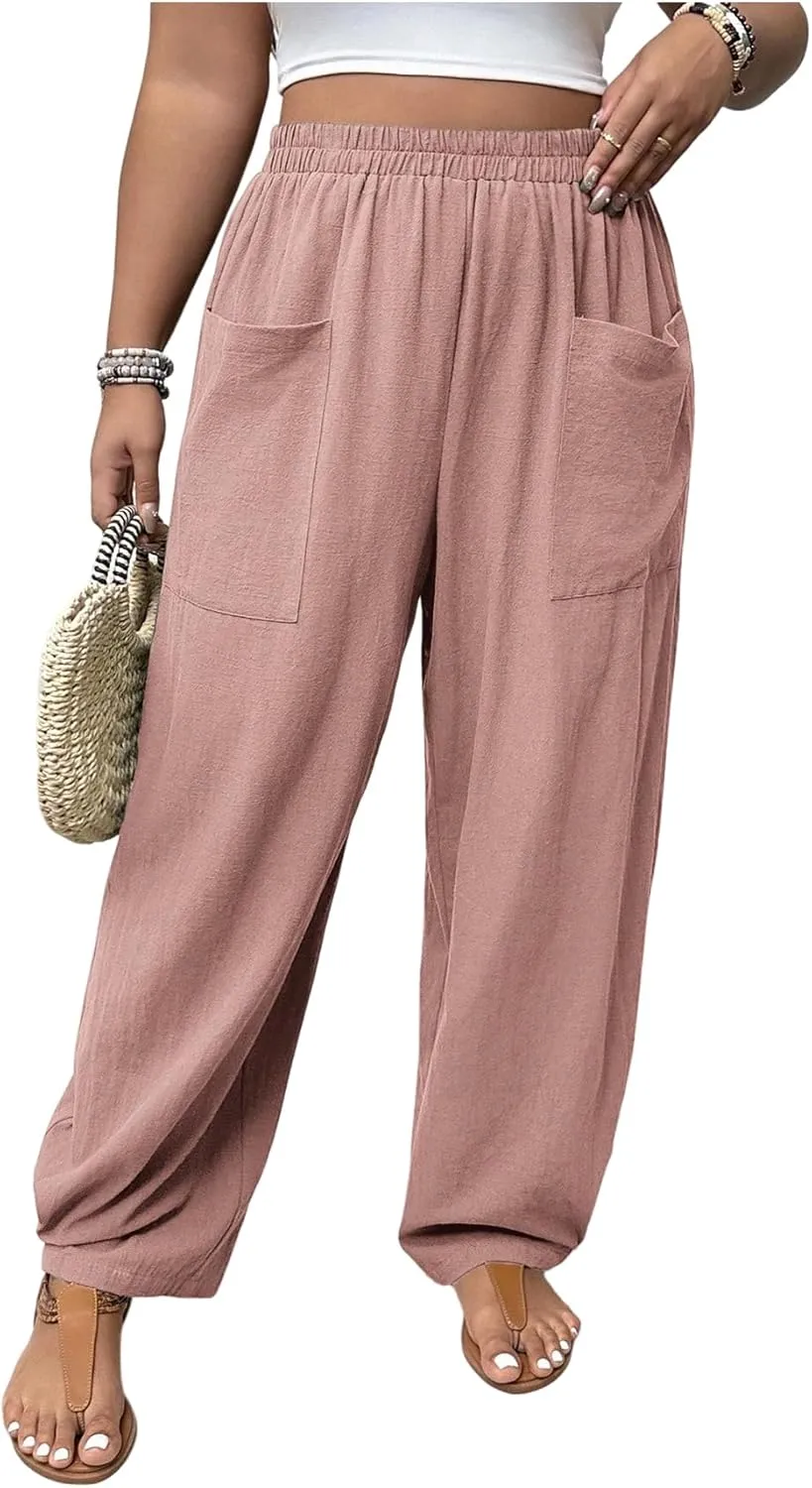 SOLY HUX Women's Plus Size Wide Leg Pants Casual Summer Beach Vacation Palazzo Harem Pants with Pockets