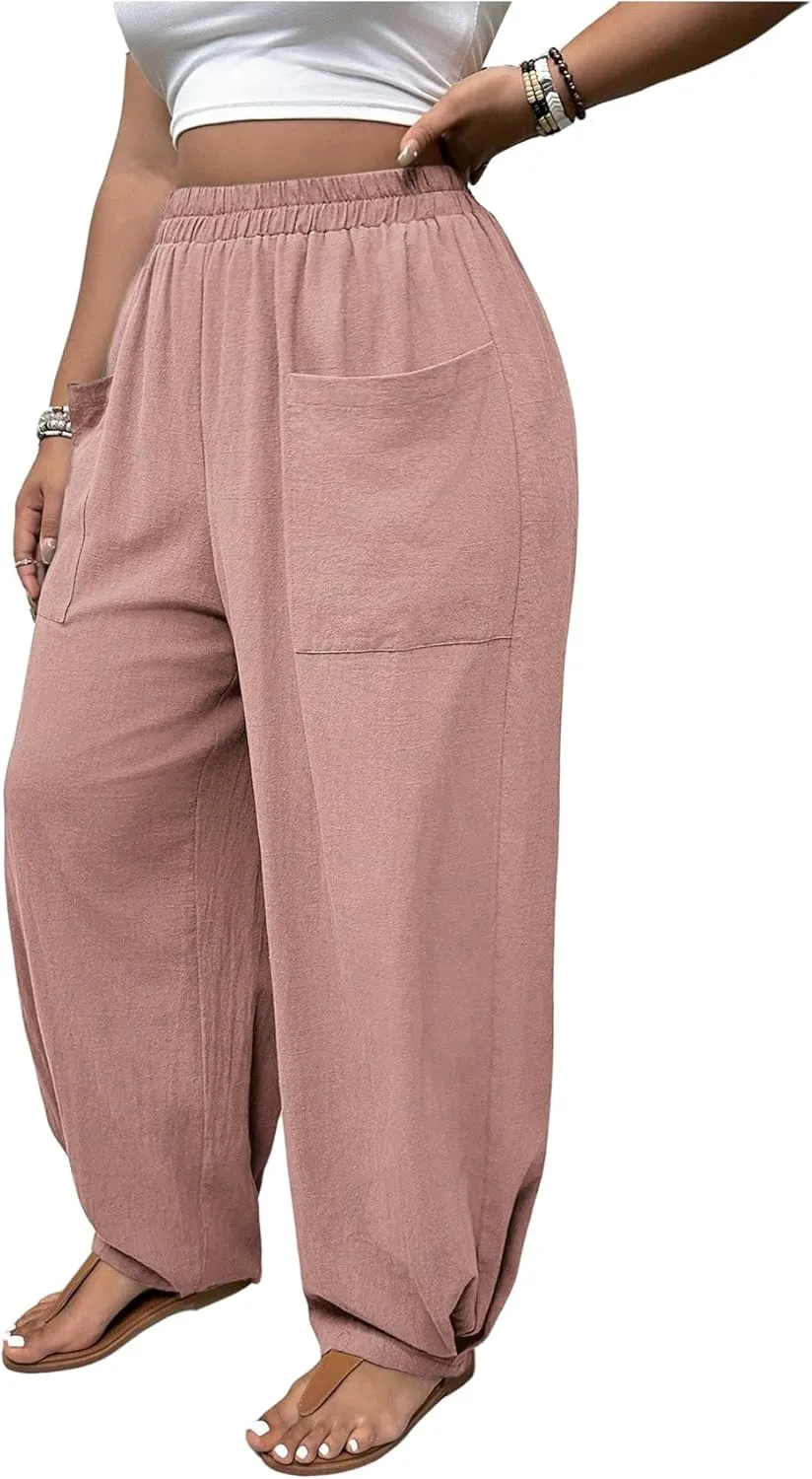 SOLY HUX Women's Plus Size Wide Leg Pants Casual Summer Beach Vacation Palazzo Harem Pants with Pockets