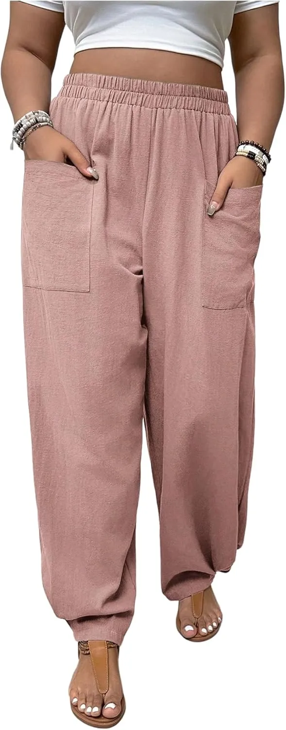 SOLY HUX Women's Plus Size Wide Leg Pants Casual Summer Beach Vacation Palazzo Harem Pants with Pockets