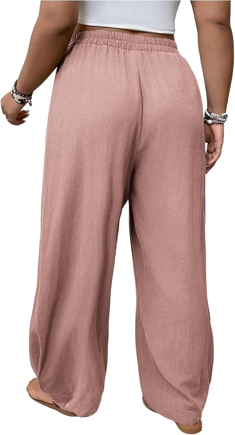 SOLY HUX Women's Plus Size Wide Leg Pants Casual Summer Beach Vacation Palazzo Harem Pants with Pockets