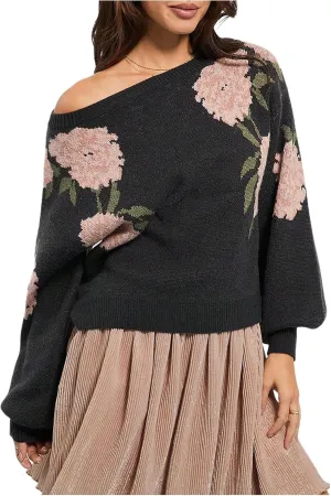 SOLY HUX Women's Vintage Floral Sweater Boat Neck Long Sleeve Knit Casual Pullover Tops